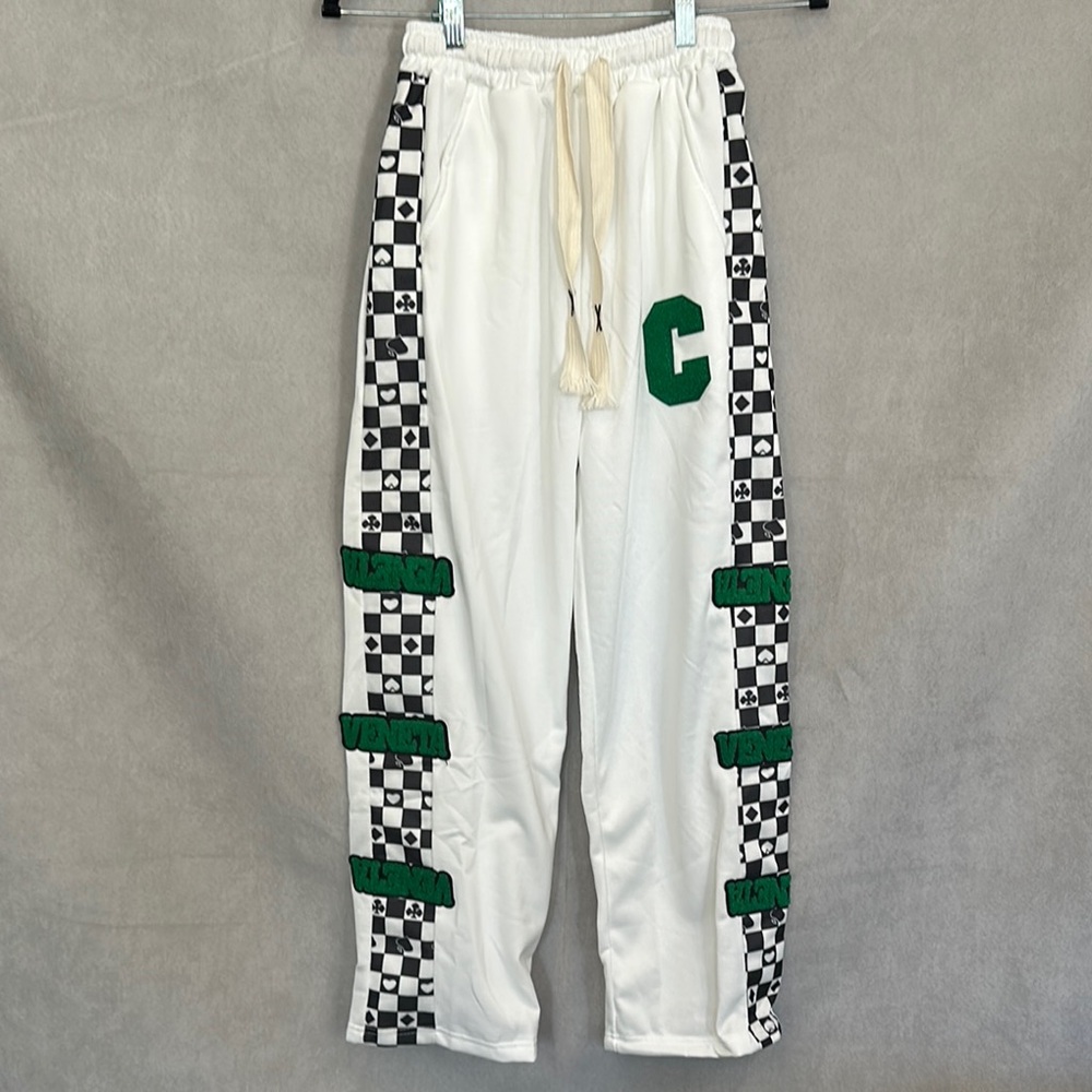 🏁 White Track Pants with Green and Black Checkered Design. BRAND NEW‼️ Sz Small